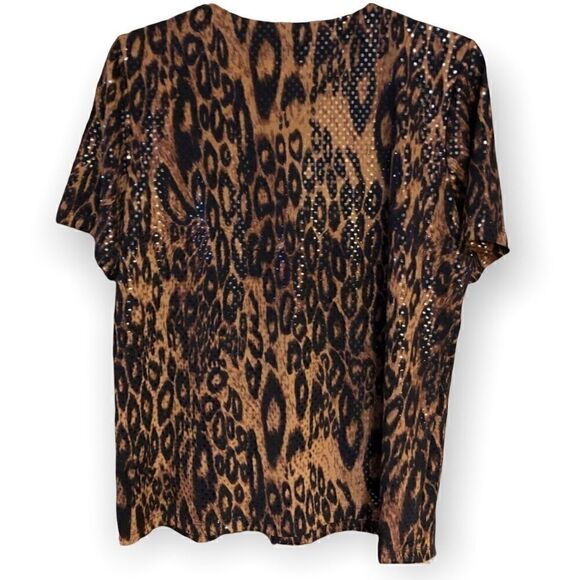 Susan Graver M NWT Leopard Sparkling Sequin Liquid Knit Mob Girl V Top - Picture 2 of 9